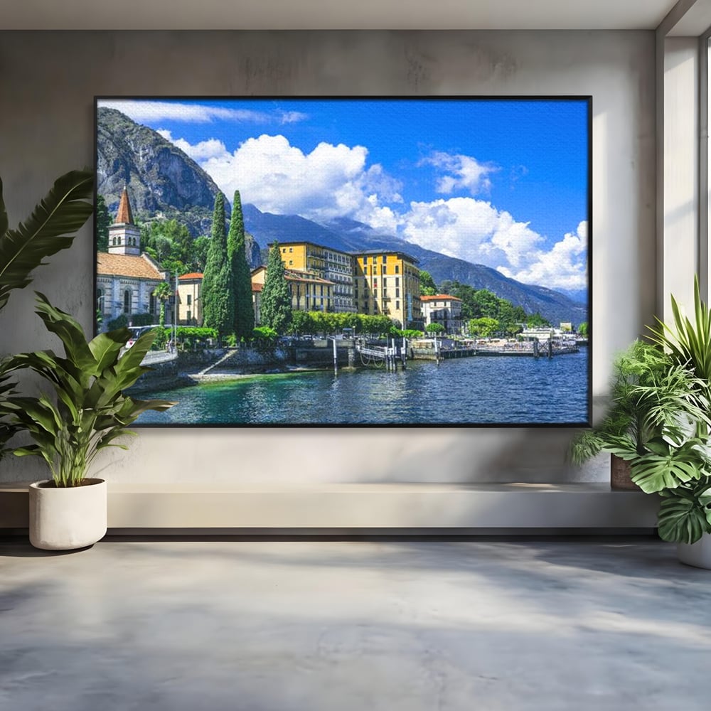 Tablou canvas cu peisaj urban pe malul lacului, in rama de aluminiu negru